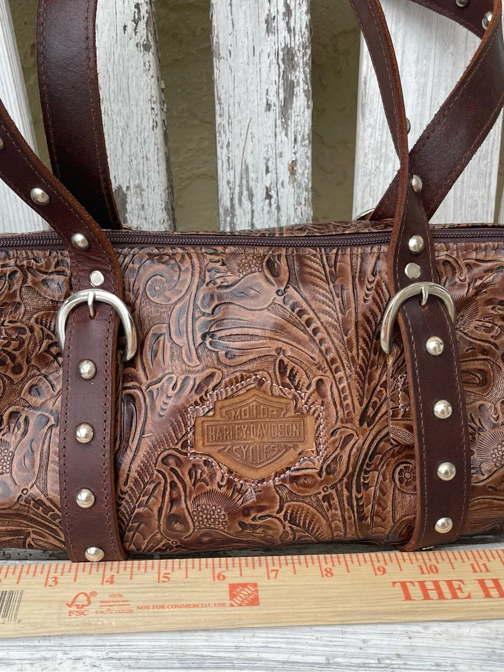 Harley-Davidson Brown Tooled Leather Barrel Satchel Shoulder Bag